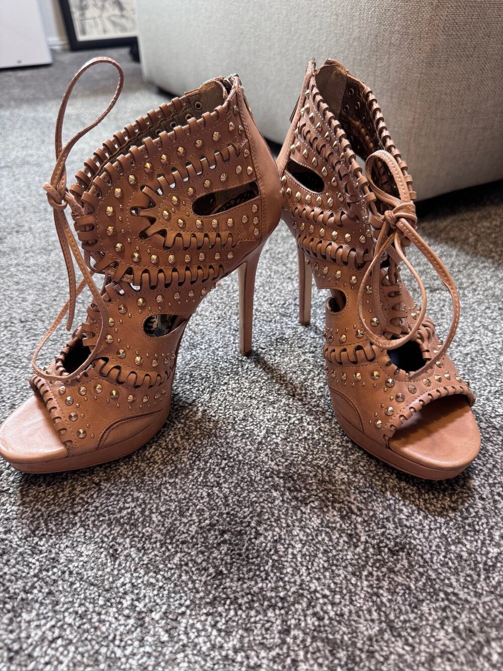 Sam Edelman Elyse Studded Leather Lace Up Cage Heels Tan Peep Toe Apprx Womens 8